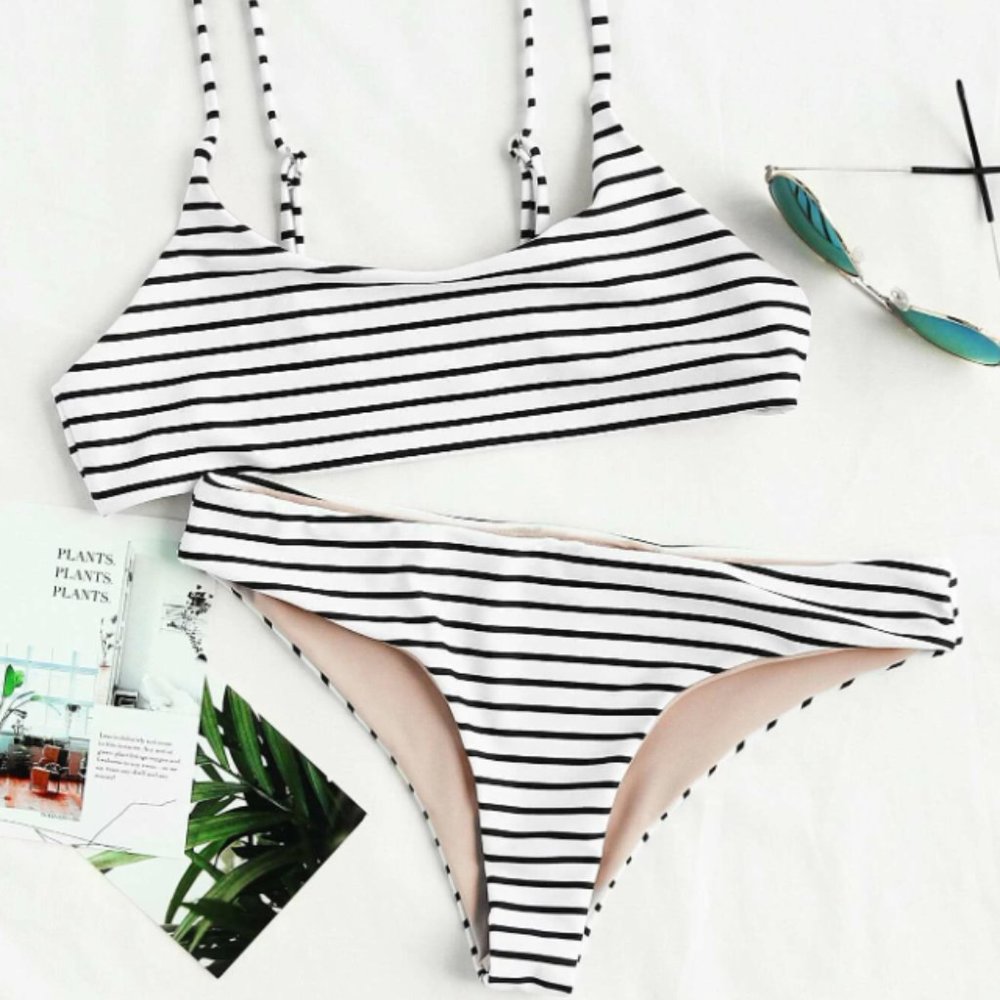 NWOT White Striped Bikini Swim Set